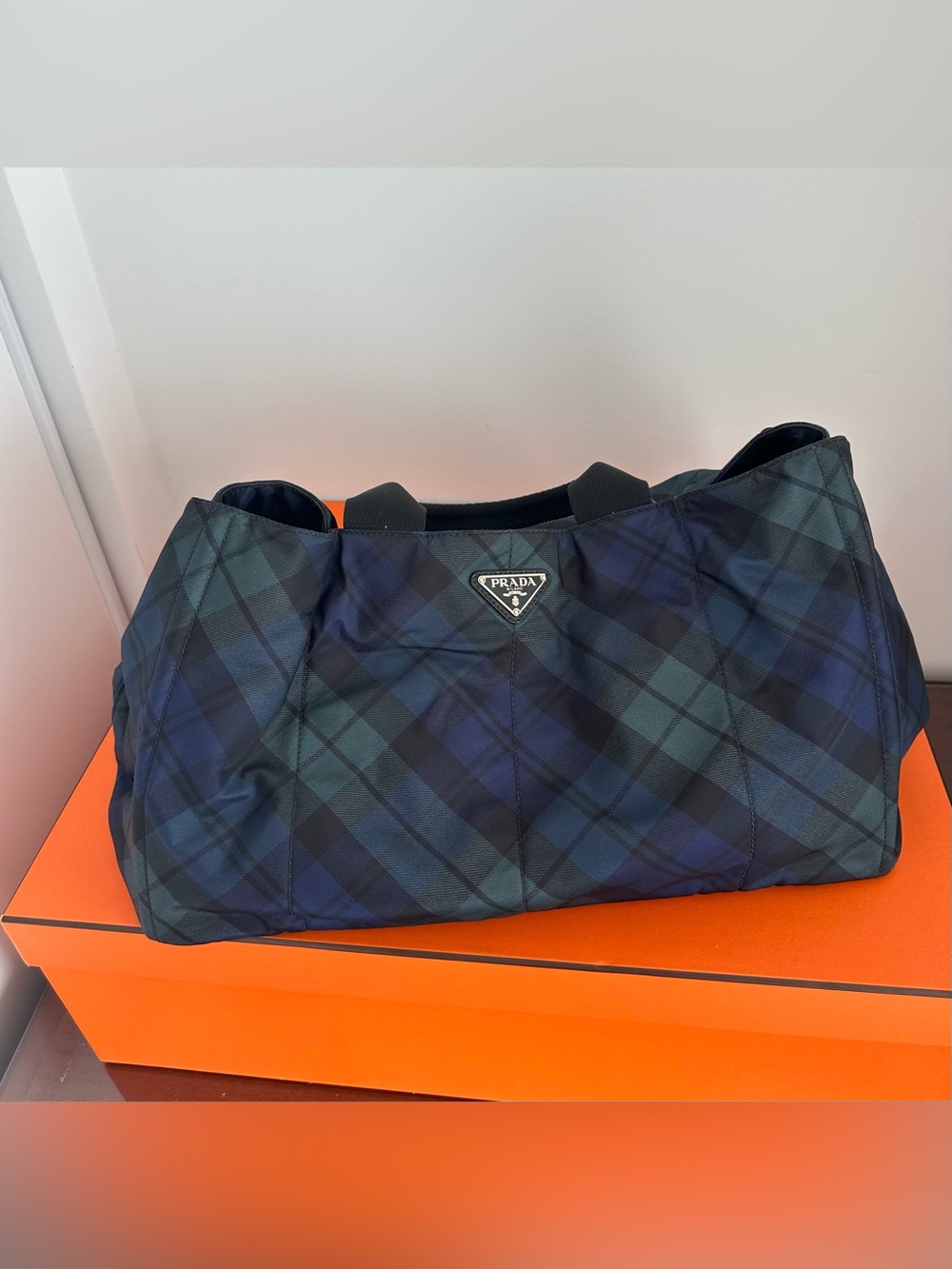 Prada Black & Dark Green Plaid Nylon Duffel Bag